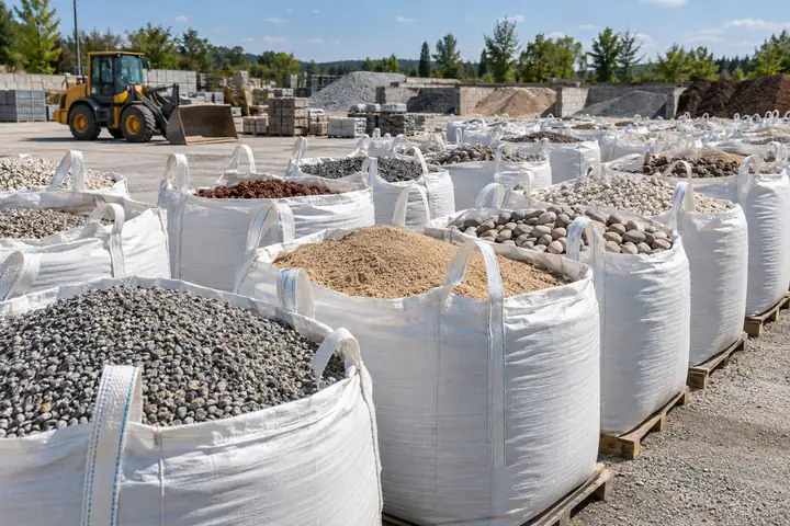 Rows of white bulk bags filled with gravel, sand and stone at a landscape supply yard