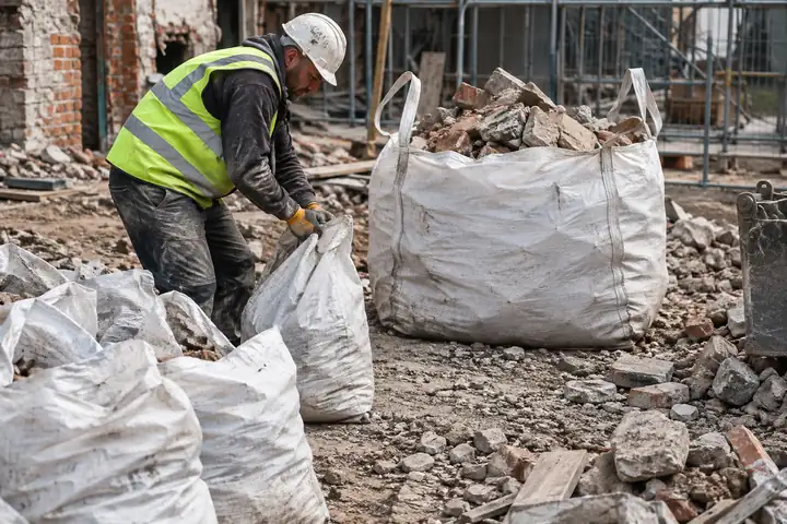 Builder in a hi-vis vest filling woven rubble sacks next to a bulk bag of broken bricks on a demolition site