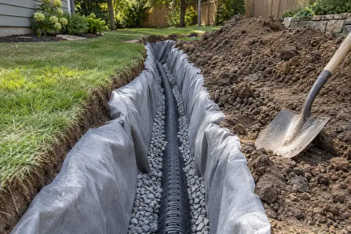 French drain trench lined with grey geotextile fabric, with perforated pipe and gravel
