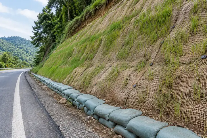 Roadside slope covered with straw erosion control blankets and new grass, with a row of sandbags at the toe