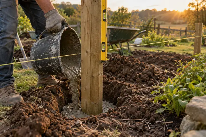 Concrete being poured from a bucket around a wooden fence post in a freshly dug hole