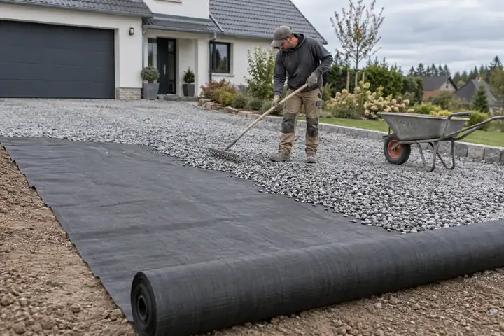 Worker raking gravel over a black woven geotextile fabric laid on a new driveway