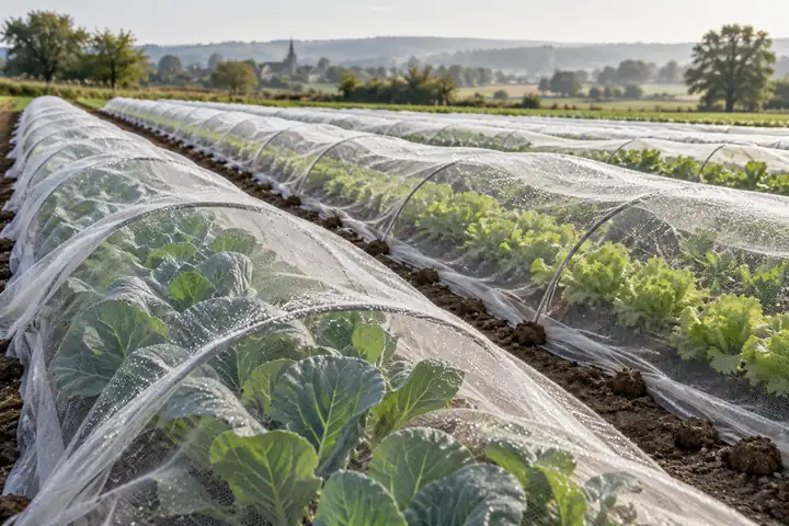 Rows of young cabbages and lettuce under fine white insect netting on low hoops