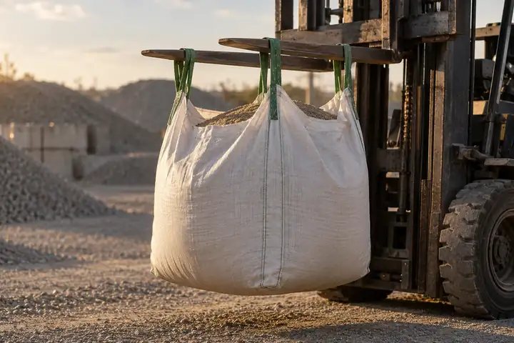 Forklift lifting a white FIBC jumbo bag by its four loops