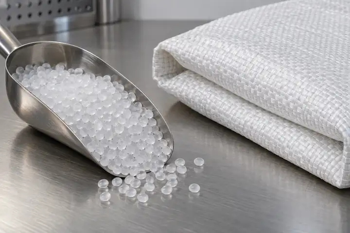 Steel scoop of polypropylene resin pellets beside folded white woven polypropylene fabric