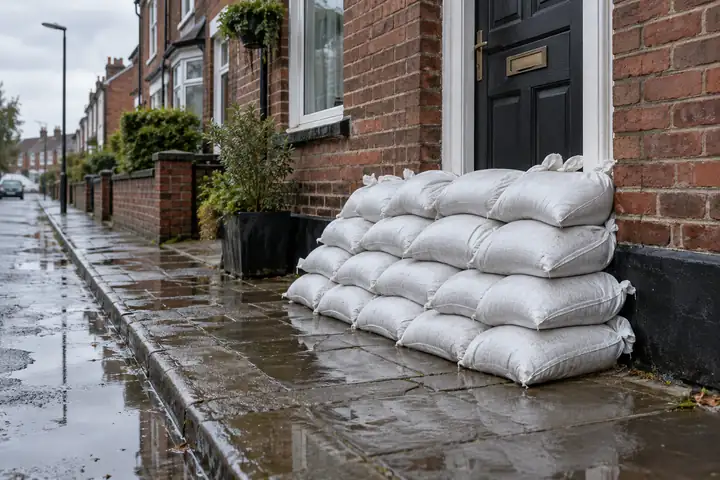 Pyramid of white woven sandbags protecting a front door on a wet street