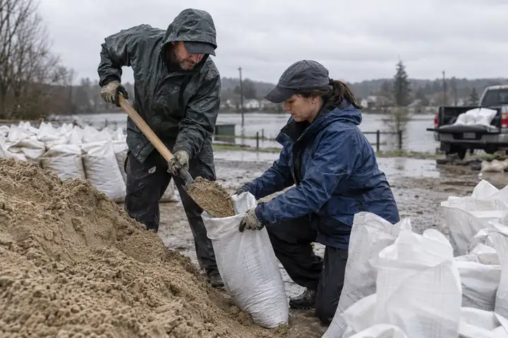 Volunteers filling white woven sandbags with shovels from a sand pile before a flood