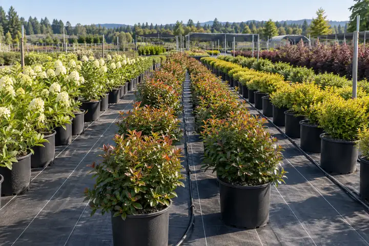 Rows of potted shrubs standing on black woven ground cover fabric in a commercial nursery