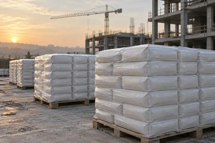 Pallets of white block-bottom valve bags on a construction site