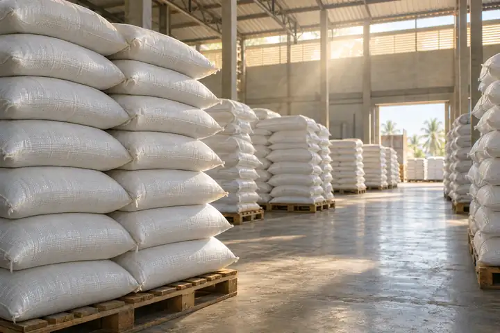 Stacks of white woven polypropylene rice sacks in a Caribbean warehouse