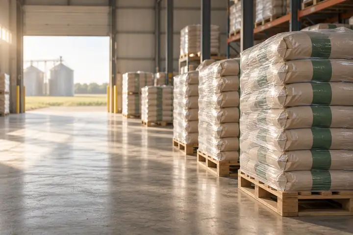 Pallets of kraft paper-poly seed bags in a farm supply warehouse