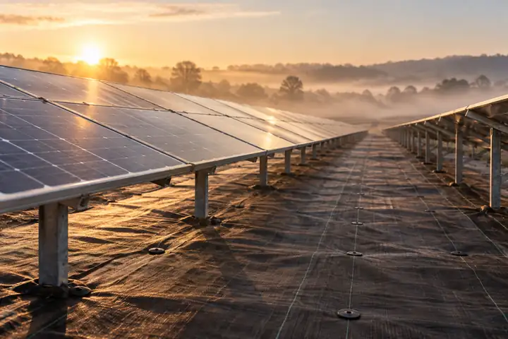 Black woven weed control fabric under rows of solar panels